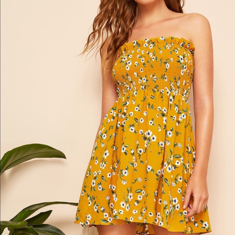 Yellow Floral Strapless Summer Dress